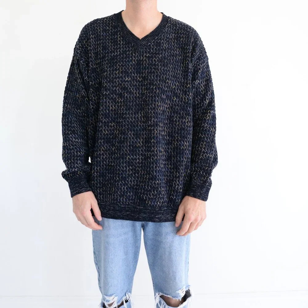 Vintage Tundra Canada Navy Threaded Knit 3D Eclectic Grandpa V Neck Sweater XL